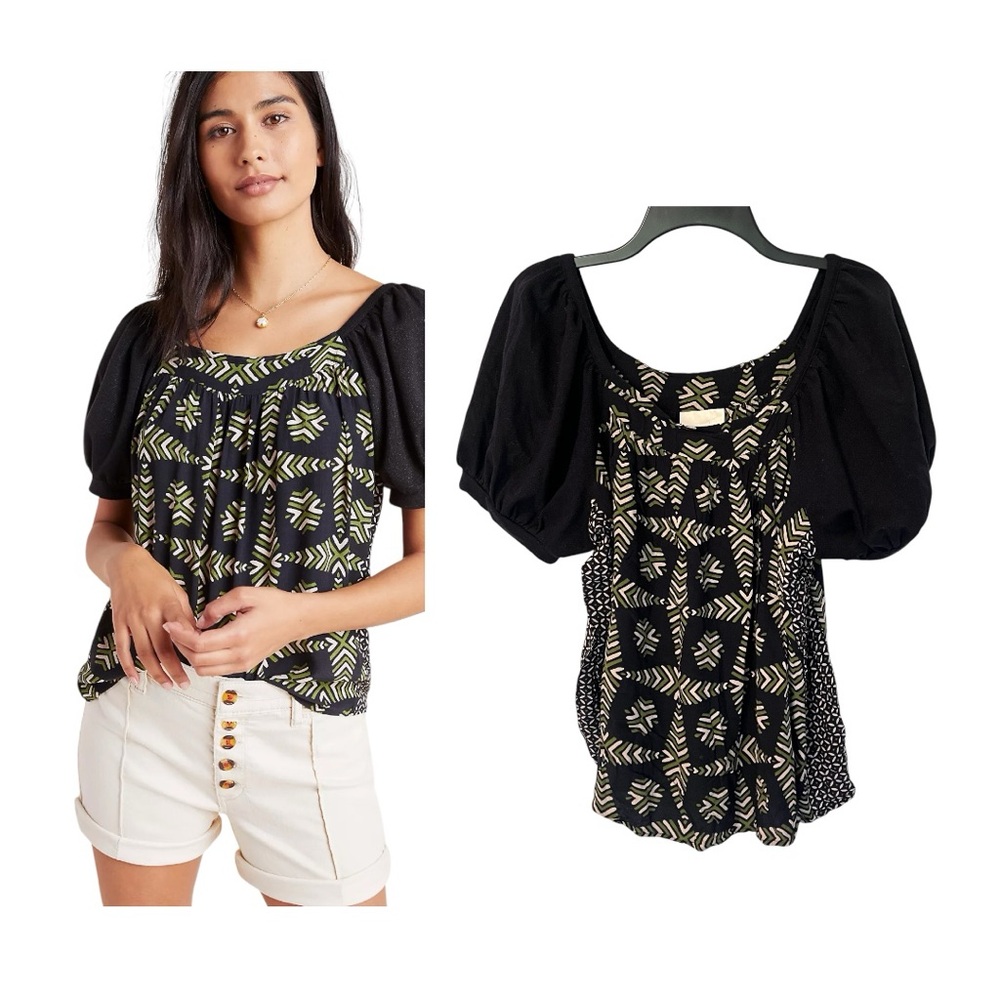 Maeve By Anthropologie Catania Puff Sleeve Top Black Green Size Large